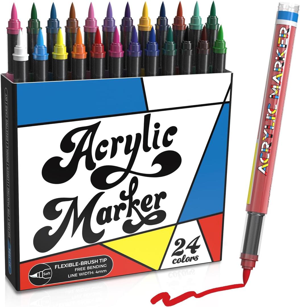 Acrylic Paint Markers, 24 Color Fine Tip Permanent Acrylic Paint Pens For Rock Painting, Canvas, Wood, Glass, Ceramic, Fabric, Plastic, Egg, Scrapbook, Art Painting Supplies Kit
