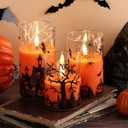 Eywamage Orange Halloween Glass Flameless Candles with Remote, Real Wax Flickering LED Pillar Candles Set of 3