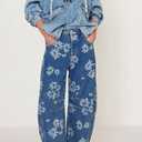 loveimgs Women Y2k Distressed Barrel Jeans Baggy Wide Leg Jeans Floral Printed Boyfriend Patchwork Denim Pants (Blue, XXL)