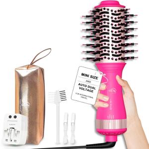 Dual Voltage Travel Hair Dryer Brush, One Step Mini Hot Air Brush Styler & Dryer, Hair Trends Nano Titanium 2 Inch Oval Shape Volumizer, Europe Travel Essentials for Women (50 mm)