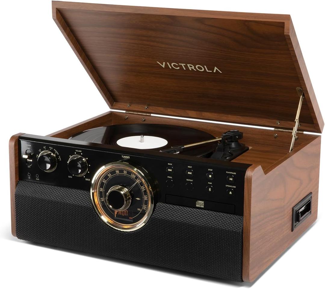 Victrola The Empire Mid-Century 6-in-1 Turntable & Multimedia Center with Built-in Speakers  3 Speed, Bluetooth Connectivity, Radio, Cassette & CD Player, RCA Out, Headphone Jack (Walnut)