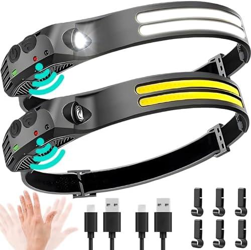Beccason LED Headlamp Rechargeable 2PCS - 230° COB Super Bright Head Lights for Forehead, Hard hat Light for Adults, USB C Headband Flashlight for Work, Hiking, Running, Camping Essentials Gear