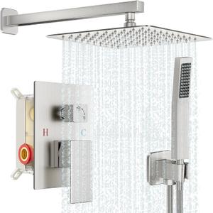 Shower Faucet Set Bathroom Square Rain Shower Head and Handle Set, Wall Mounted Shower Fixtures With Shower Valve and Trim Kit 10 inch Brushed Nickel
