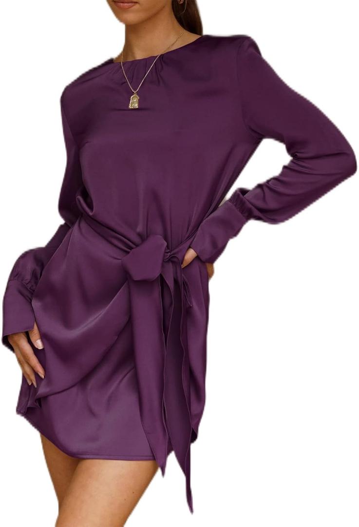 R.Vivimos Women's Satin Dress Long Sleeve Casual Wrap Ruched Tie Waist Party Mini Dress