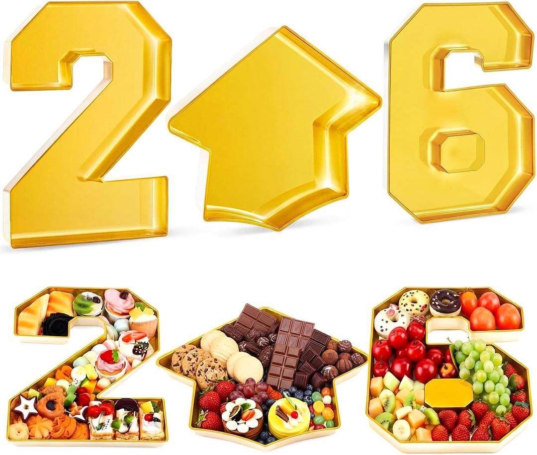 Tellingyou 3 Pcs 13.7" 2026 Graduation Fillable Letter, Plastic Number Trays for Food 2026, Charcuterie Number, Grad Fillable Letter for Class of Congrats Grad Party Supplies(2026, Gold)