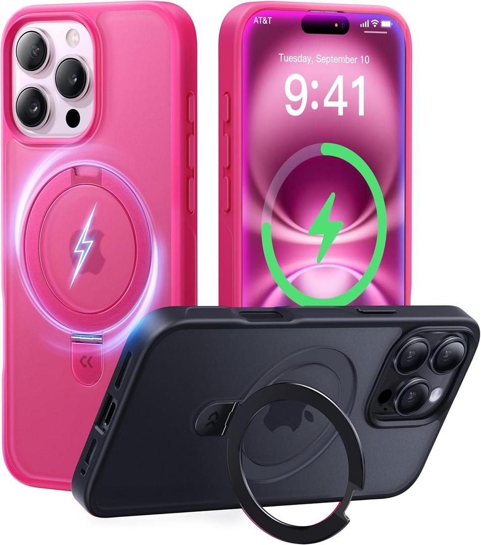 CASEKOO Ultra-Magnetic Stand for iPhone 16 Pro Case [Military Drop Protection] [Compatible with MagSafe] Shockproof Translucent Matte Slim Ring Holder Case for iPhone 16 Pro 6.3", Hot Pink