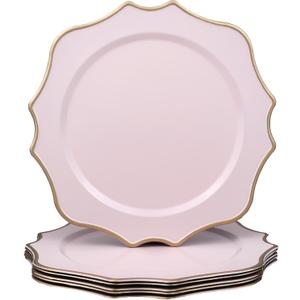 Pink Chargers for Dinner Plates, 13 Inch Scalloped Plastic Decorative Table Charge Service Plates Set of 6 for Wedding, Holiday, Thanksgivng, Christmas