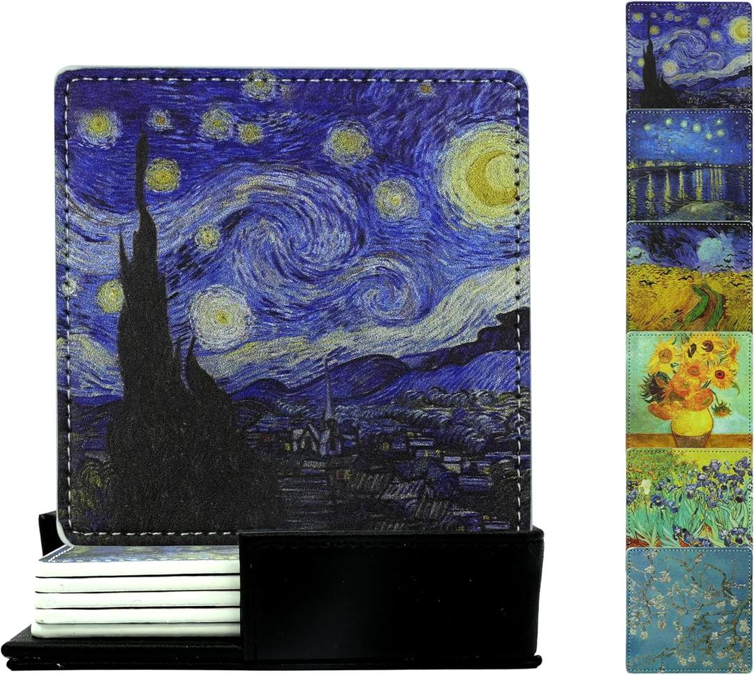 Artistic Coasters Square Leather Drinks Coaster Set with Holder for Coffee Table Bar Home Decor 4 Inches Set of 6 (One Size)