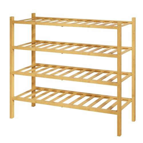 Kitsure Bamboo Wooden Shoe Rack for Closet - Stackable Shoe Organizer with Modular Structure, Space-Saving Shoe Shelf for Entryway, Living Room, Bedroom, 26.8" Wide - 4 Tiers, Natural