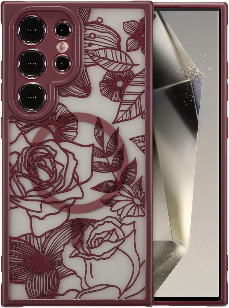 XIZYO Magnetic Case for Samsung Galaxy S24 Ultra Floral Rose Cute [Compatible with Magsafe] for Women Girls Burgundy Aesthetic Pattern Slim TPU Shockproof Bumper Cover, Wine Red | Floral Rose, Cute Phone Case, for Women Girls, Aesthetic Pattern, Slim