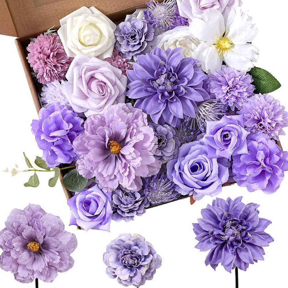 Artificial Purple Flowers Combo Bouquets Mix Silk Flowers Dahlia Roses for DIY Bridal Wedding Bouquets, Baby Shower Decorations Fake Floral Arrangements Table Centerpieces Home Decor