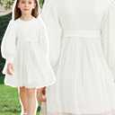 Toddler Girl Tulle Dress Puff Long Sleeves Tutu Dresses with Tie Belt for Princess Brithday Party 1-6T