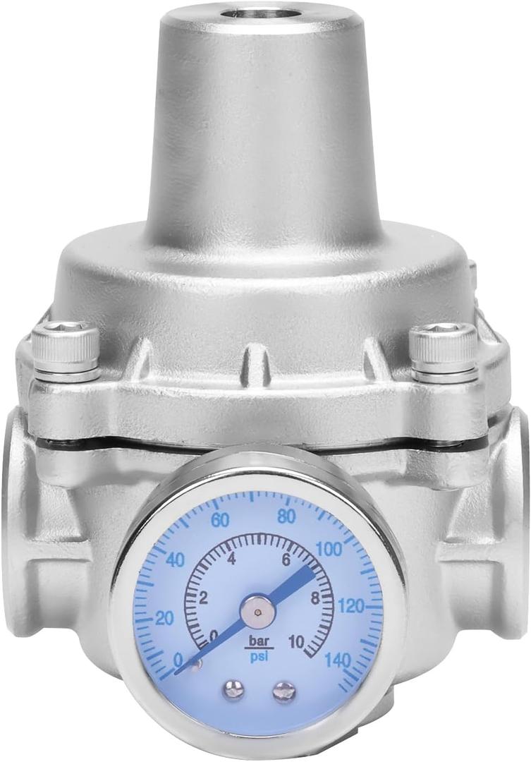 Pressure Regulator Water Valve - 3/4" NPT Female Stainless Steel 304 Pressure Reducer with Gauge, Adjustable Lead-Free Valve For RV, Garden, Air.