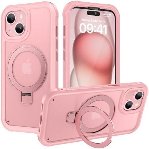 Diaclara Designed for iPhone 15 Plus Case 6.7'', Translucent Matte Back Slim Shockproof Full Body Rugged Case w/Built-in Screen Protector+Ring Stand,Black, Pink Stand
