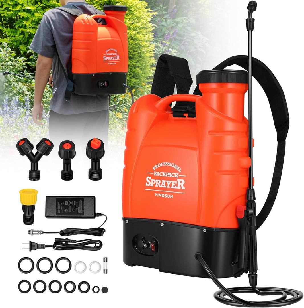 VIVOSUN 4 Gallon Battery Powered Backpack Sprayer Electric Pump Sprayer with Four Nozzles for Garden Lawn, Orange