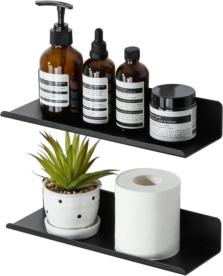 SAYAYO Black Floating Shelves for Wall Storage, 12 Inch Adhesive Wall Shelves for Bedroom Decor, Display Bathroom Shelf Organizer for Kitchen, Living Room, Office, 2pcs
