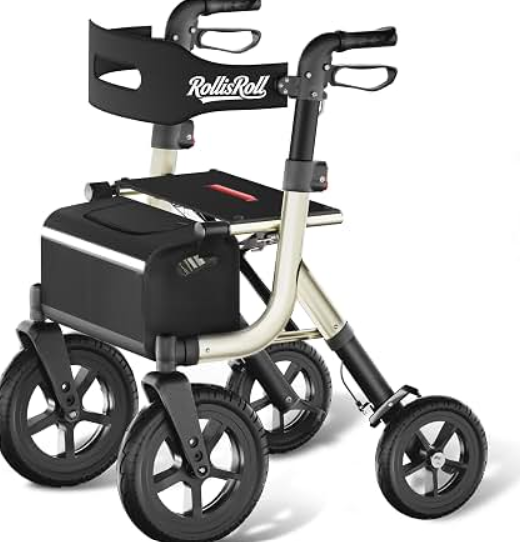 Walkers for Seniors with Seat, Foldable Rollator Walker, Reinforced Aluminum Frame, 10" Big Rubber Wheels for All Terrain, Built-in Cable, Lightweight Rolling Walker, Burgundy