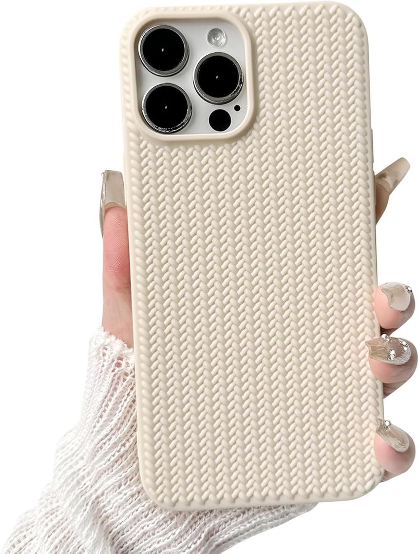 NITITOP Compatible for iPhone 15 Pro Max Case Cute for Women Girls Woven Pattern Braid Design Solid Color Soft Silicone Shockproof Cover - Apricot White