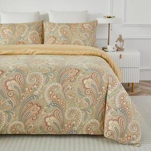 Softta Silkly Soft Paisley Bedding Design 800 Thread Count 100% Cotton Bohe Vintage 3Pcs Duvet Cover Set,Twin Size,Khaki