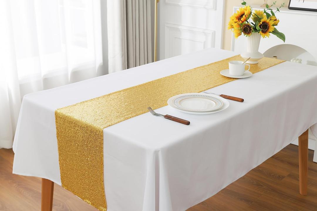 Gold Table Runner - Pack of 10 Sequin Table Runners 12 x 108 Inches Long for Wedding Parties Birthday Meeting Events Decorations