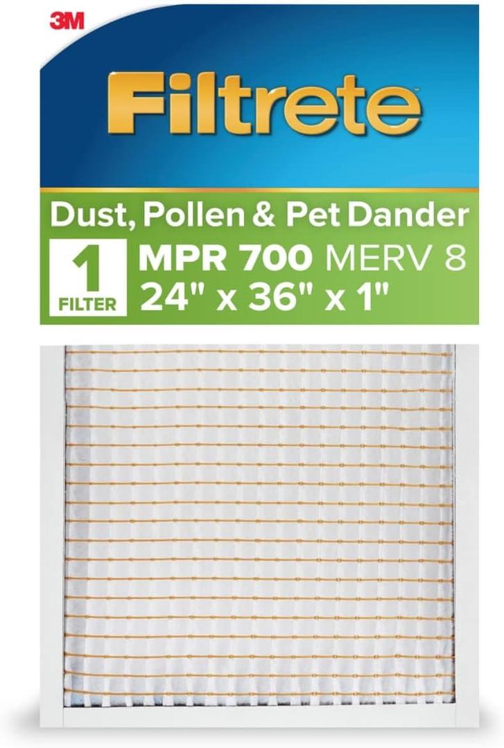 Filtrete 24x36x1 AC Furnace Air Filter, MERV 8, MPR 700, Tough on Pollen, Easy on Airflow, 3-Month Pleated 1-Inch Electrostatic Air Cleaning Filter, 4-Pack (Actual Size 23.81 x 35.81 x 0.65 in)