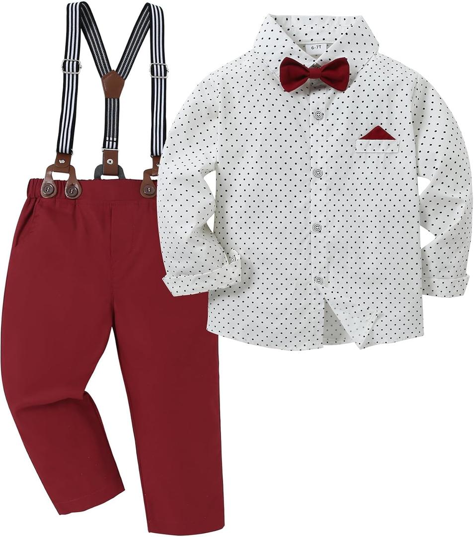 DISAUR Boy Suits Boys Wedding Outfit Dress Shirt with Bowtie/Suspender Pants for Formal Occasion 6-10 Years (Wine Red, 6-7 years old)