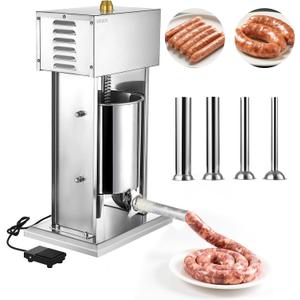 VEVOR Electric Sausage Stuffer, 22 LBS / 10 L Vertical Meat Stuffer, Stepless Speed Control and Foot Pedal, Stainless Steel Heavy Duty Sausage Filler with 4 Stuffing Tubes, for Commercial & Home Use