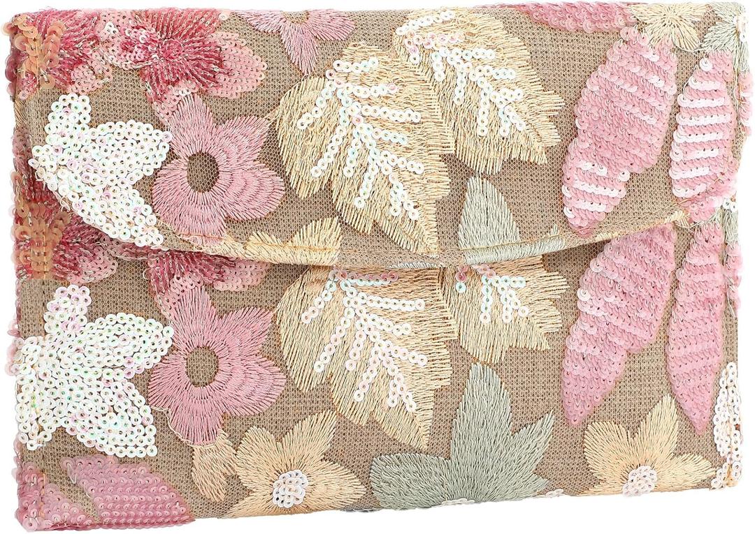XquiziFit Floral Beaded Clutch Embroidery Sequin Beaded Purse Small Evening Clutch Purses for Women Light Pink Clutch