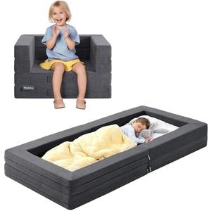WeeGuruu Travel Toddler Bed, 3-in-1 Convertible Sofa Bed for Toddler Portable Floor Beds, Flip Open Sofa Lounger for Girls and Boys, Made with High-Density Foam and Washable Cover, Gray
