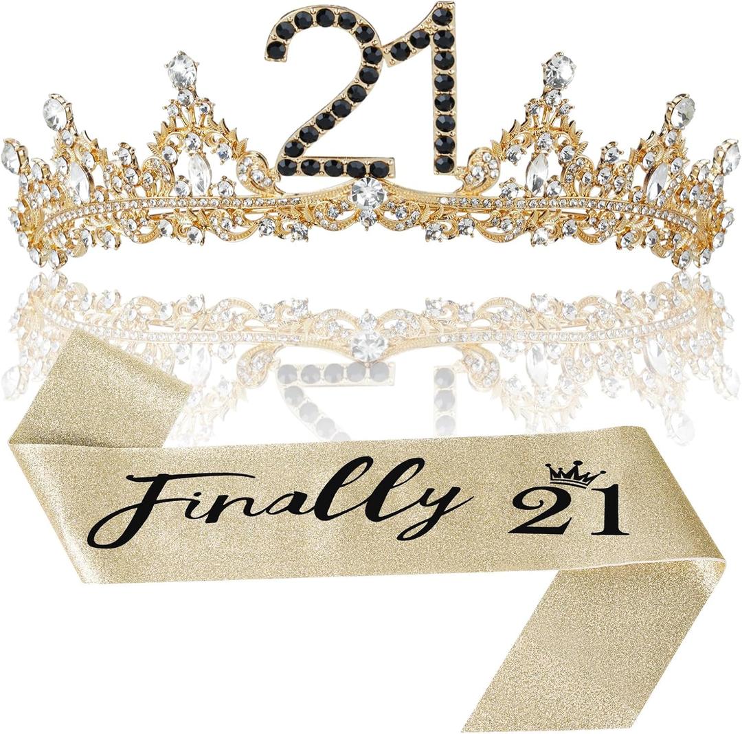 21st Birthday Crown and Sash for Women, 21 Tiara, Black Gold 21st Birthday Decorations for Her 21 Year Old Gifts Party Favors for Girls