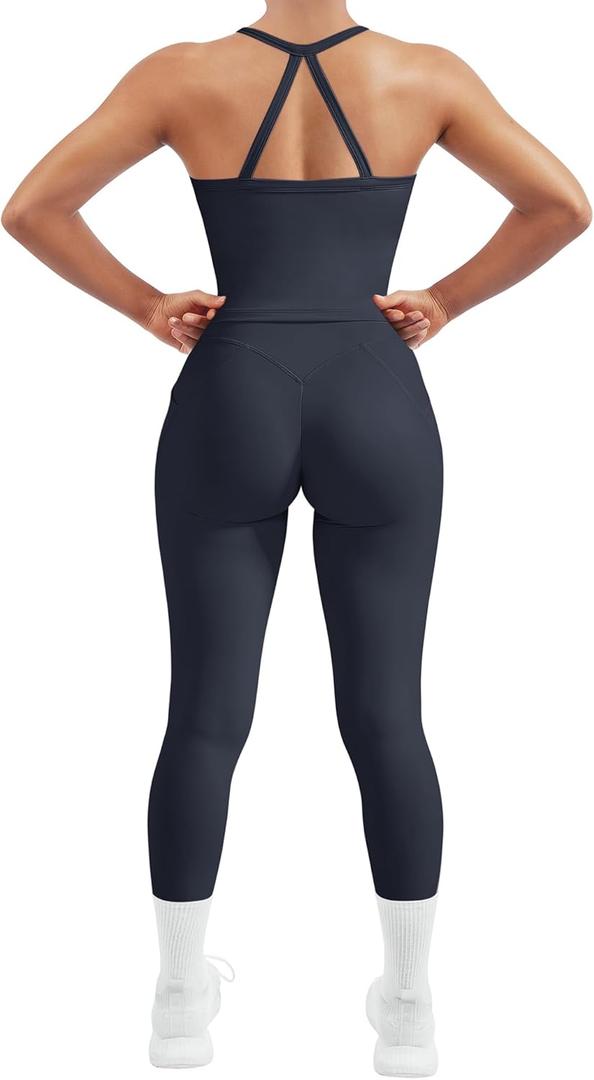 SUUKSESS Women 2 Piece Workout Sets Compression Tummy Control Leggings with Pockets Halter Built in Bra Tank Tops (Medium, Navy Blue)