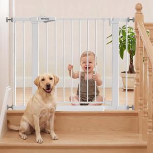 Mumeasy 29.7-40.6" Baby Gate for Stairs, Auto Close Dog Gate for Doorways | Pressure Mounted No Drill Prt Gate with Walk-Thru Door, Double Lock, One-Hand Operation, 30'' Tall for Kitchen/Indoor, White