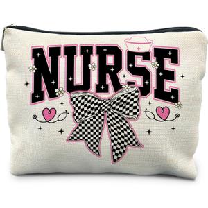 Coquette Black and White Plaid Bow Nurse Makeup Bag, Nurse Gifts for Women Cosmetic Bags, Nurse Week Gifts Makeup Pouch, Nurse Appreciation Gifts Zipper Pouch