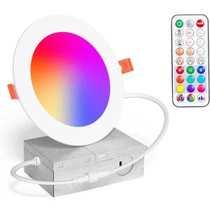 Recessed Lighting 4 Inch RGBCW Color Changing 12W LED Downlights with Junction Box,1080Lumens Canless LED Recessed Ceiling Lights Dimmable by Remote Control, Dual Memory,Timer,Delayed Off, ETL,1 Pack