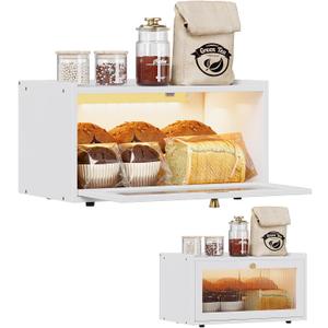 Trironsun Bamboo Bread Box with Led Light for Kitchen Counter Large Capacity Bread Storage Container Kitchen Countertop Organizer with Window Bread Holder (Whiite)