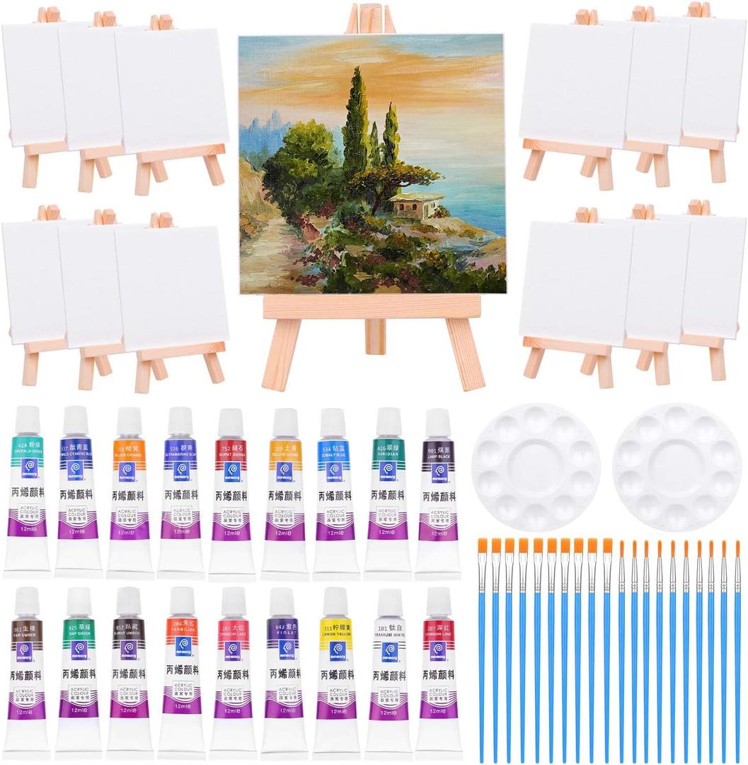 Mini Canvas and Easel, Paxcoo 60 Pieces Includes 4x4 Inches Small Tiny Painting Canvas, Mini Acrylic Paintbrushes for Paint and Sip Art Party Supplies