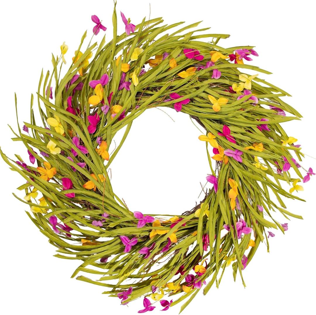 Farmhouse Spring&Summer Wreath for Front Door, 22 Inch Rustic Floral Wreath with Yellow and Pink Fabric Flowers, Grapevine Base & Paper Leaves, Indoor Hanging Decor for Easter, Porch, Wall