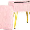 Vanity Stool Chair with Storage, Soft Ottoman Seat Vanity Stool with Anti-Slip Feet, Fluffy Padded Seat Multifunctional Footrest Side Table with 4 Metal Legs for Makeup, Bedroom, Pink (Rectangular-pink/Golden)