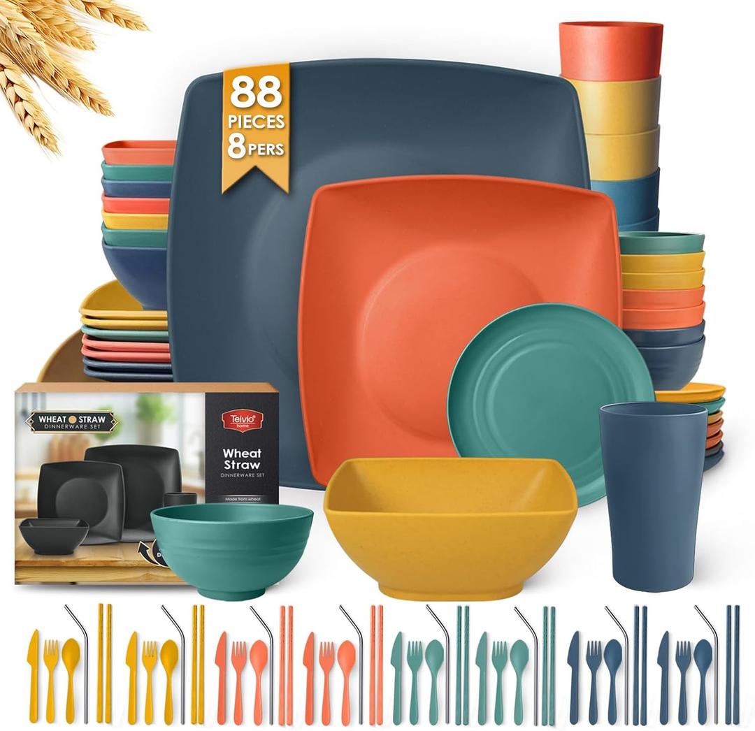 Teivio 88-Piece Kitchen Plastic Wheat Straw Square Dinnerware Sets for 8, Dinner/Salad/Tidbit Plates, Fruit/Snack Bowls, Cups, Flatware, Dishwasher Safe, Unbreakable Outdoor RV Dishes, Fall Multicolor