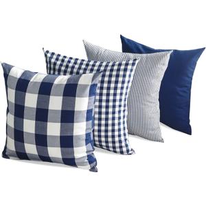 CARRIE HOME Navy Blue Outdoor Buffalo Plaid 20x20 Throw Pillow Covers Set of 4, Checkered Blue and White Decorative Pillow Covers 20 x 20, Farmhouse Decor Throw Pillows for Porch and Patio