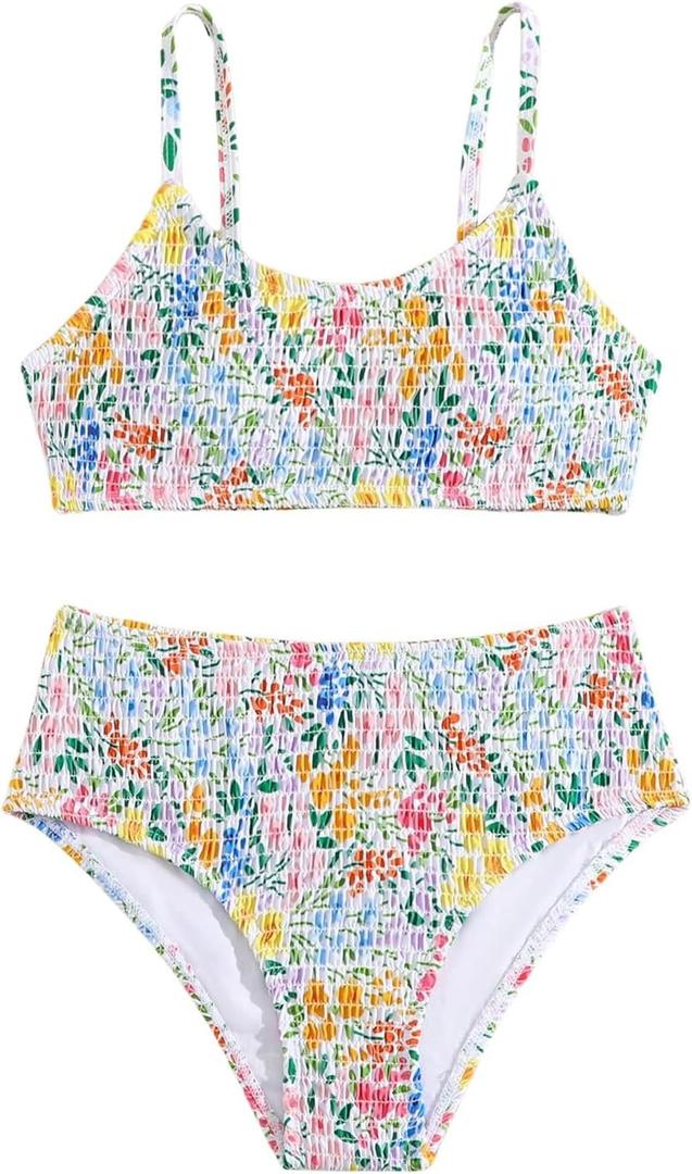 GORGLITTER Girl's 2 Piece Bikini Sets Floral Swimsuits High Waisted Bathing Suits (White)