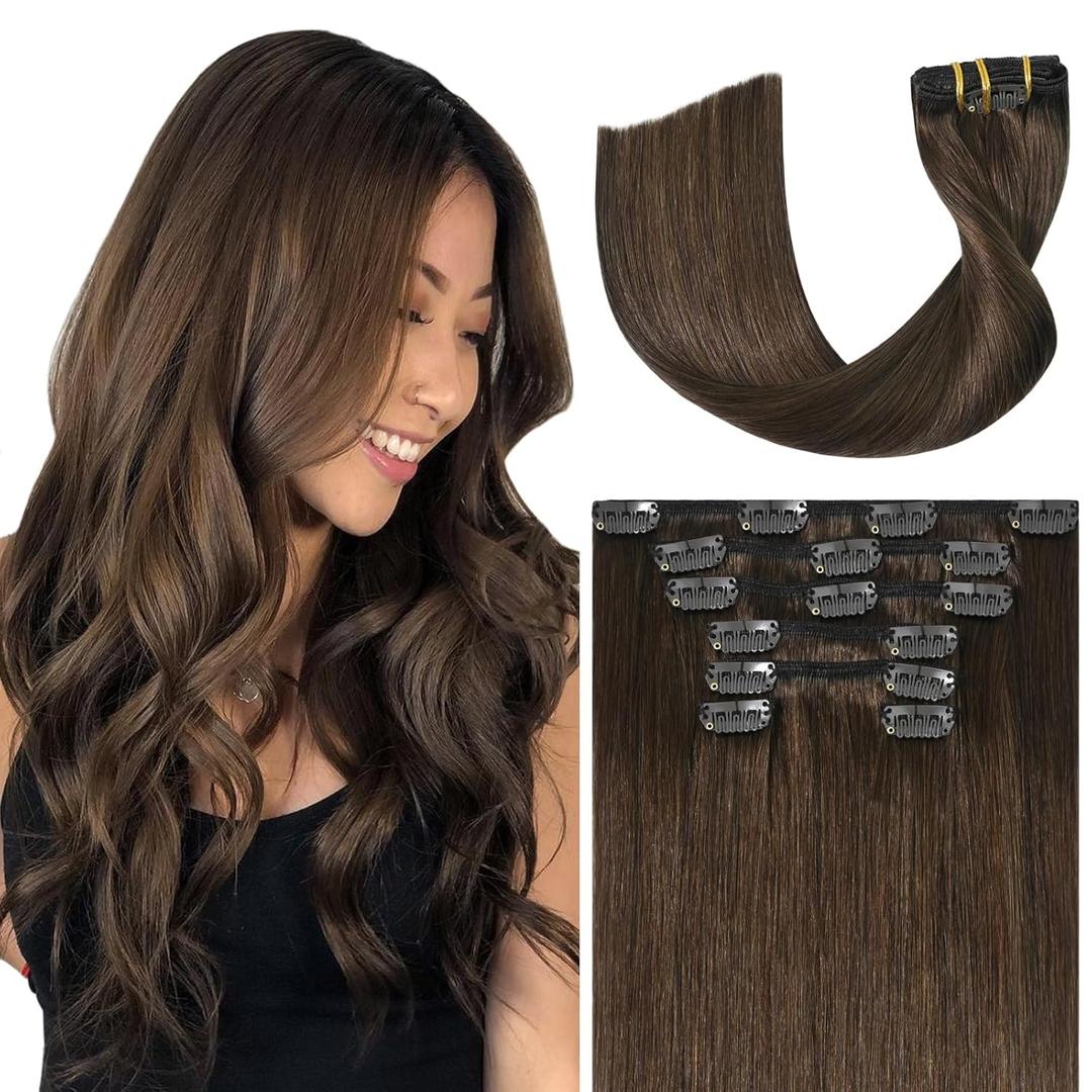 Ukira Medium Brown Hair Extensions Real Human Hair, 15 Inch 75g 7pcs Brown Clip in Hair Extensions Human Hair, Soft Natural Straight Remy Human Hair Clip in Extensions for Women