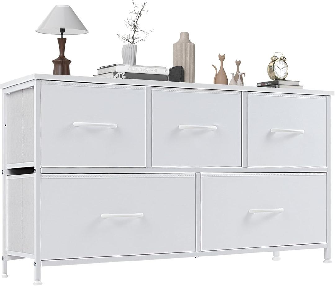OLIXIS 5 Drawer Dresser for Bedroom, Fabric Storage Tower with Wooden Top and Metal Frame, Dresser Organizer for Living Room Closet Entryway,White