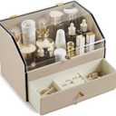 Leather Makeup Organizer & Skincare Storage Rack - Cosmetic Display Case with Dustproof Transparent Cover, Drawer Jewelry Storage, for Bedroom Vanity, Perfume & Lipstick Organizer (Beige)