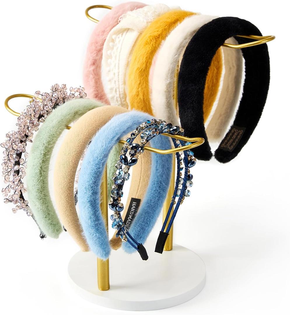MoyRetty Headband Holder(Wooden Base), 2-Tier Metal Organizer Hair Hoop Display Stand Storage Hair Ropes Bow Accessories Bracelets Bangles Bedroom College Dorm Decor for Girls Women-Gold