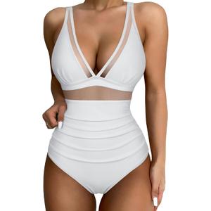 SUUKSESS Women Sexy Mesh Tummy Control Swimsuit Push Up High Waisted Bathing Suit (Small, White)