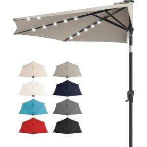 FLAME&SHADE 9 FT Solar Half Patio Umbrella with 25 LED Lights, Half Outdoor Umbrella with Button Tilt, Half Round Table Umbrella For Deck, Backyard, Balconies, Decks, Rvs, UV Protection (Taupe)