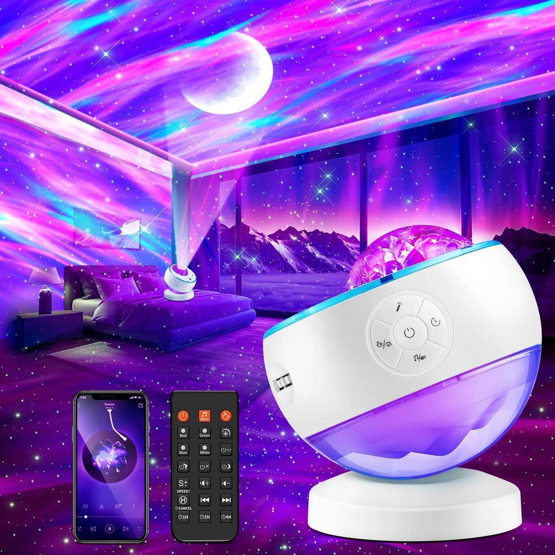 One Fire Northern Lights Projector,16Color Galaxy Projector for Bedroom, 15 White Noise Galaxy Light Projector, 5Moon Star Projector, Bluetooth Aurora Light Projector, Remote Timer Star Lights (Upgraded 2.0 White)