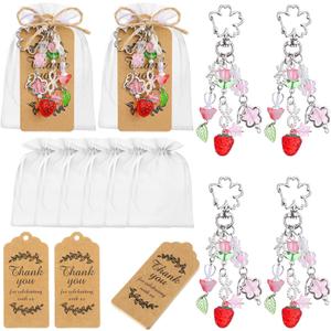 Ecation 20 Set Strawberry Keychain Charm Bulk Party Favor Gift Set Y2K Keychains Cute Flower Star Bow with Thank You Tags Organza for Guests Women Purse Bag Souvenir Wedding Bridal Shower Supplies