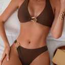 Fanuerg Women's Halter V Neck Bikini Sets Ring Linked Two Piece Swimsuit Cheeky Swim Bathing Suit 2025 (Brown, L)